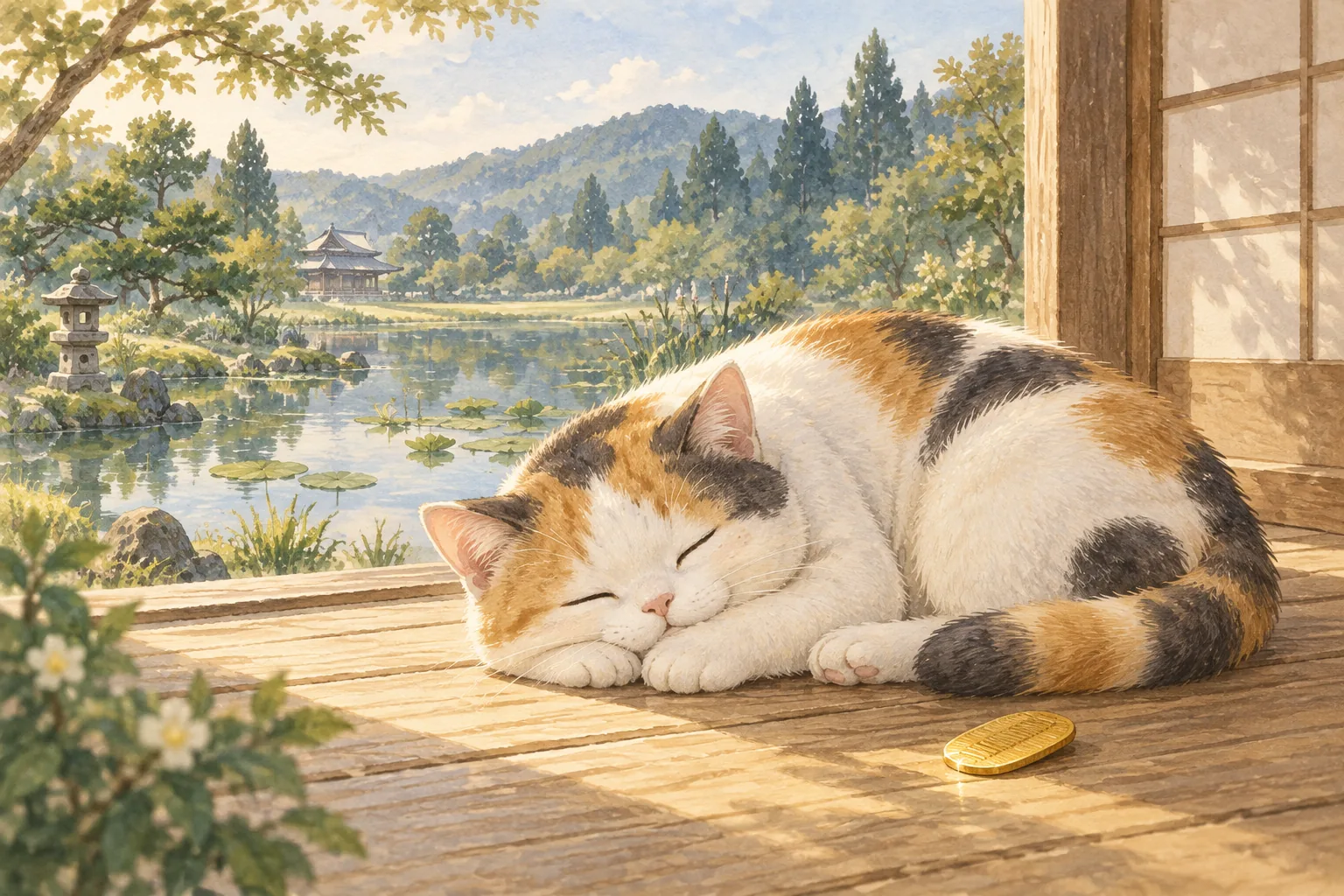 日向の縁側で、庭を眺めながら眠る三毛猫